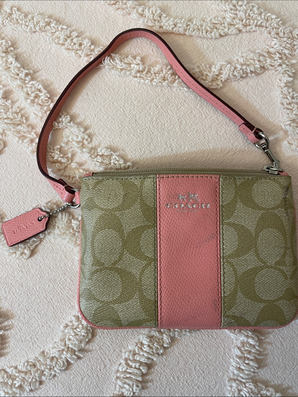 Coach Khaki Signature Canvas Wristlet with Pink Leather Trim